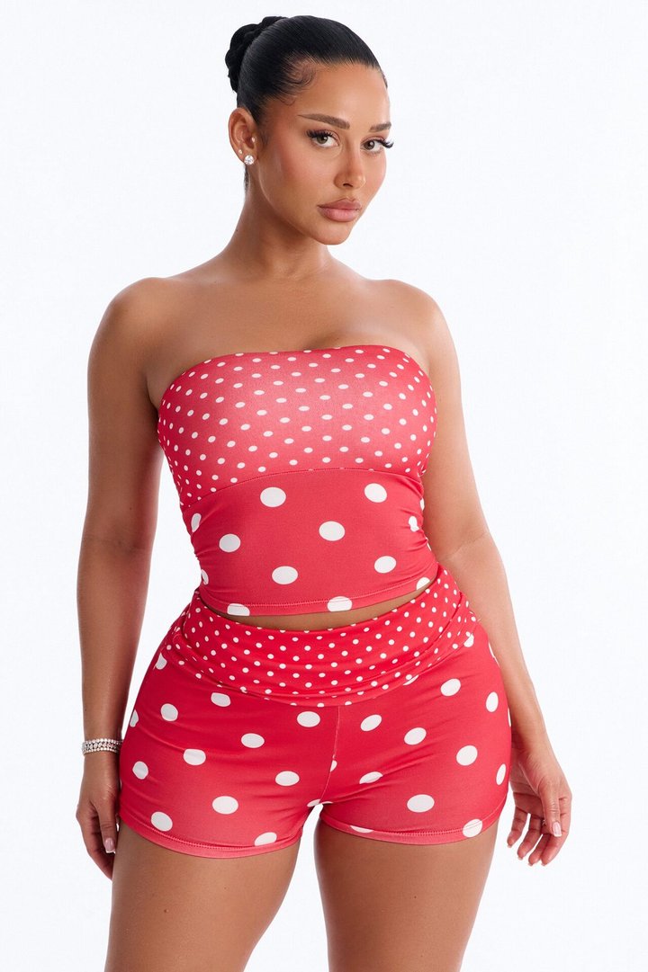 Sabrina Polka Dot Fold Over Waist Micro Short Set - Red
