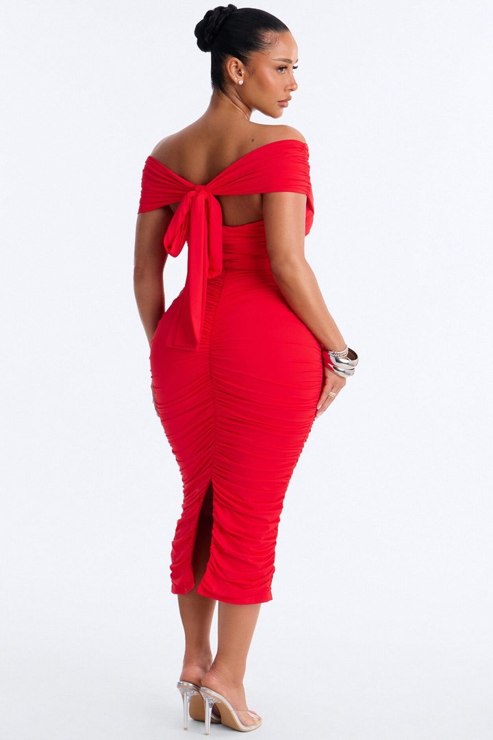 Thea Ruched Off Shoulder Midi Dress - Red