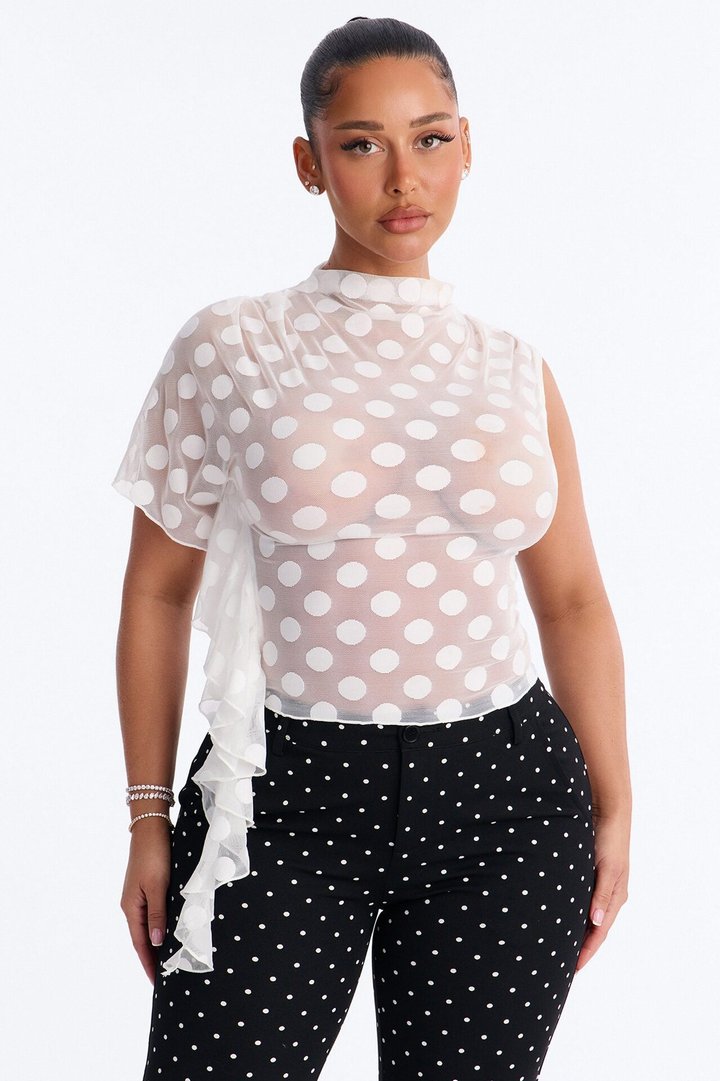 Sunday Brunch Polka Dot Mesh One Shoulder Top - White