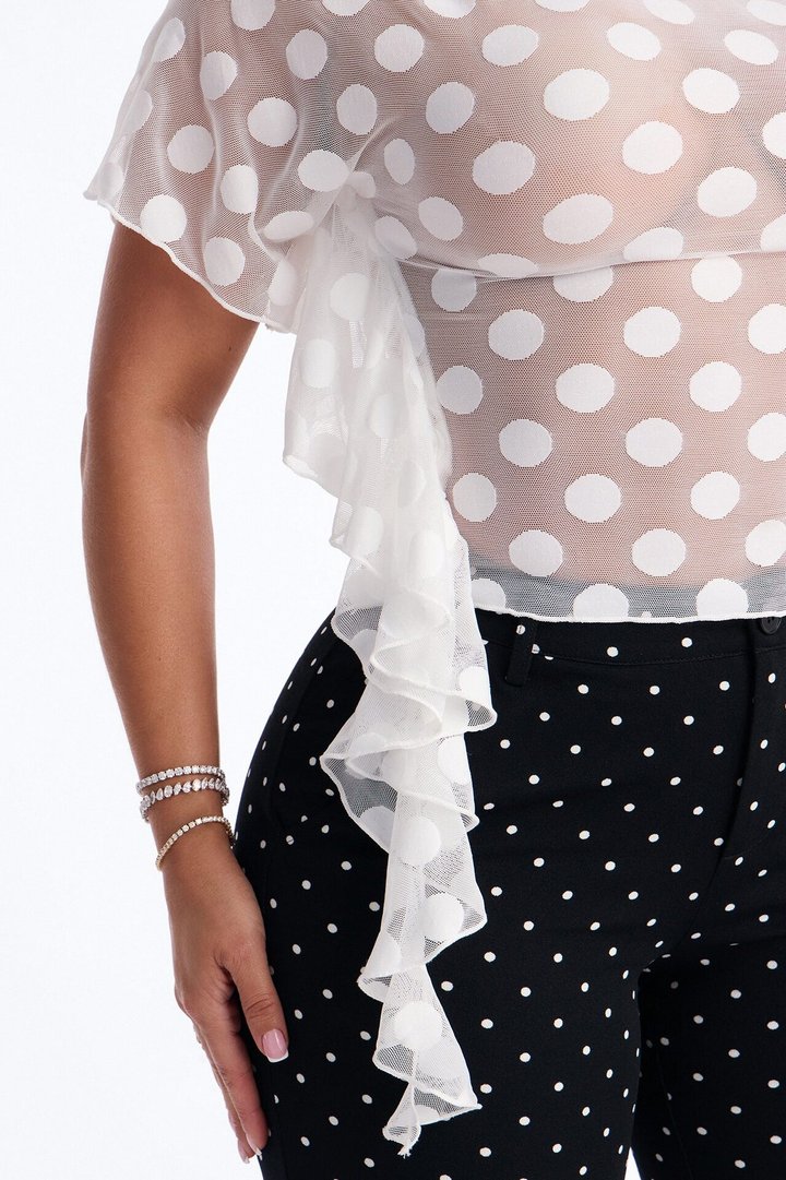Sunday Brunch Polka Dot Mesh One Shoulder Top - White