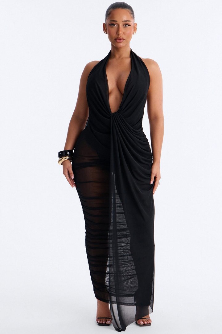 Kyla Halter Mesh Maxi Dress - Black