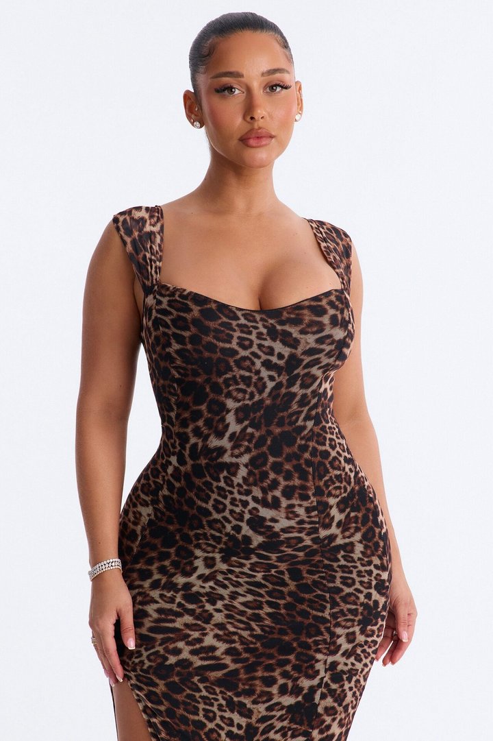 Adrienne Printed Mesh Midi Dress - Leopard