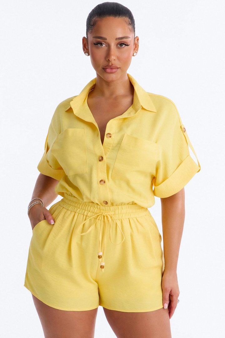 Lilah Collar Short Sleeve Romper - Yellow