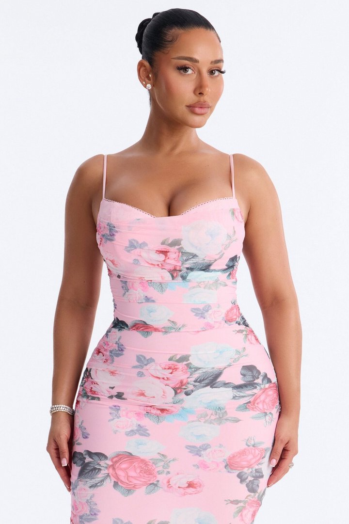 Grace Ruched Floral Mesh Midi Dress - Pink/combo