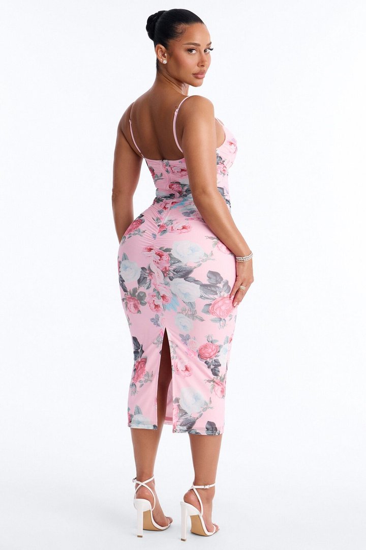 Grace Ruched Floral Mesh Midi Dress - Pink/combo