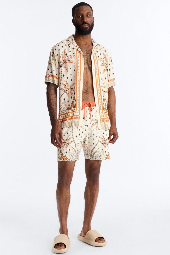 Tropical Twilight Resort Short Sleeve Cuban Collar Shirt - Off White