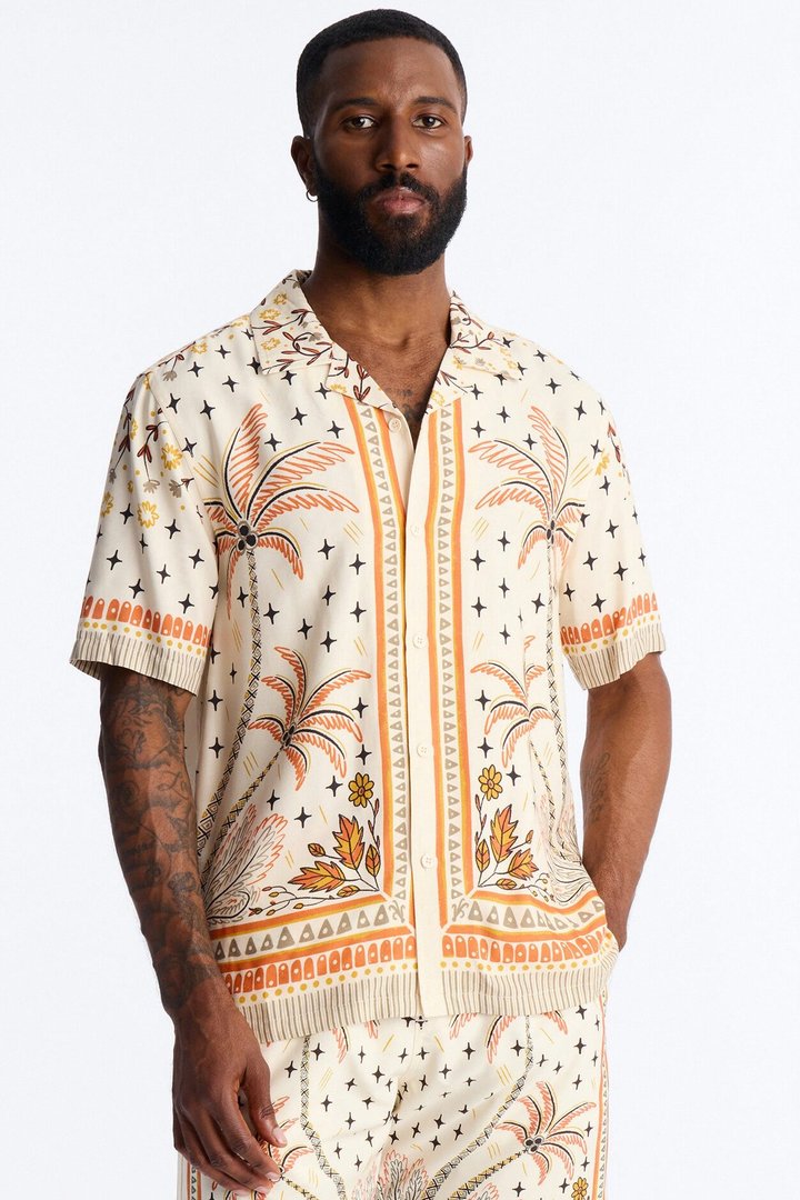 Tropical Twilight Resort Short Sleeve Cuban Collar Shirt - Off White