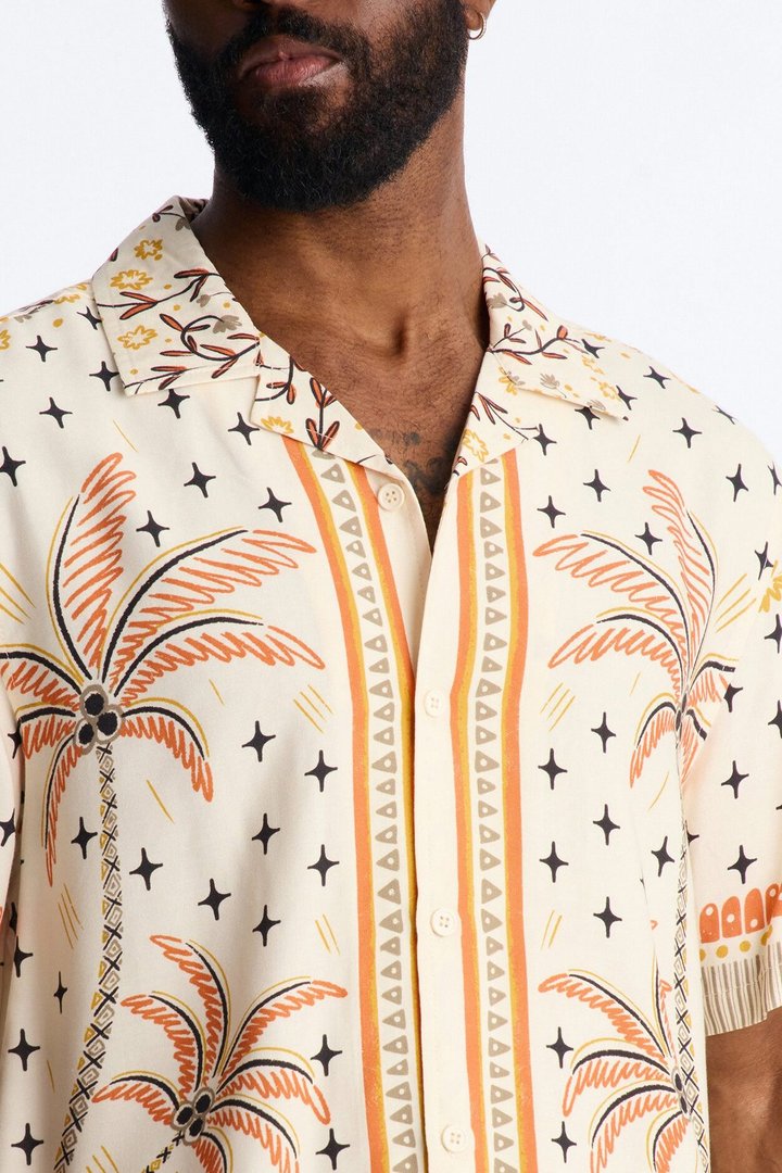 Tropical Twilight Resort Short Sleeve Cuban Collar Shirt - Off White