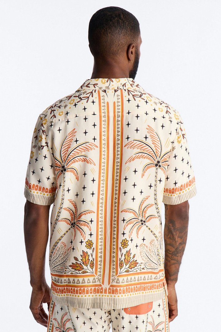 Tropical Twilight Resort Short Sleeve Cuban Collar Shirt - Off White