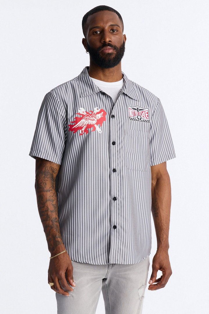 Cropped No Questions Asked Striped Button Up Shirt - Black