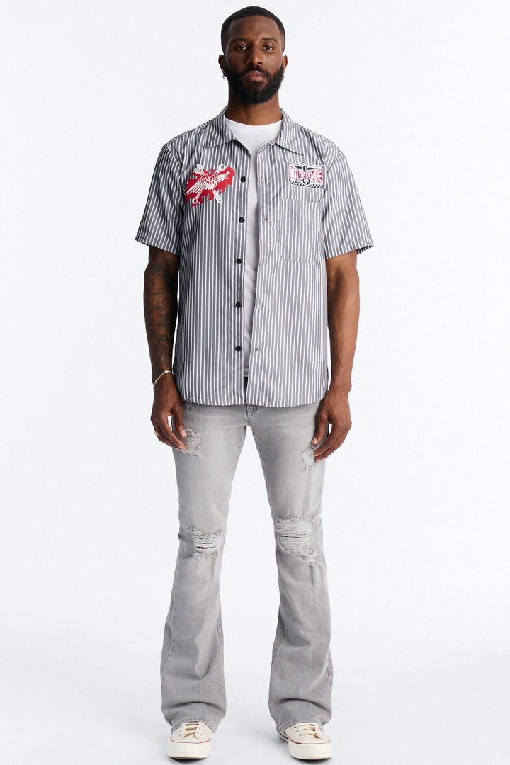 Essential Destroyed Stacked Slim Flare Stretch Jean - Grey