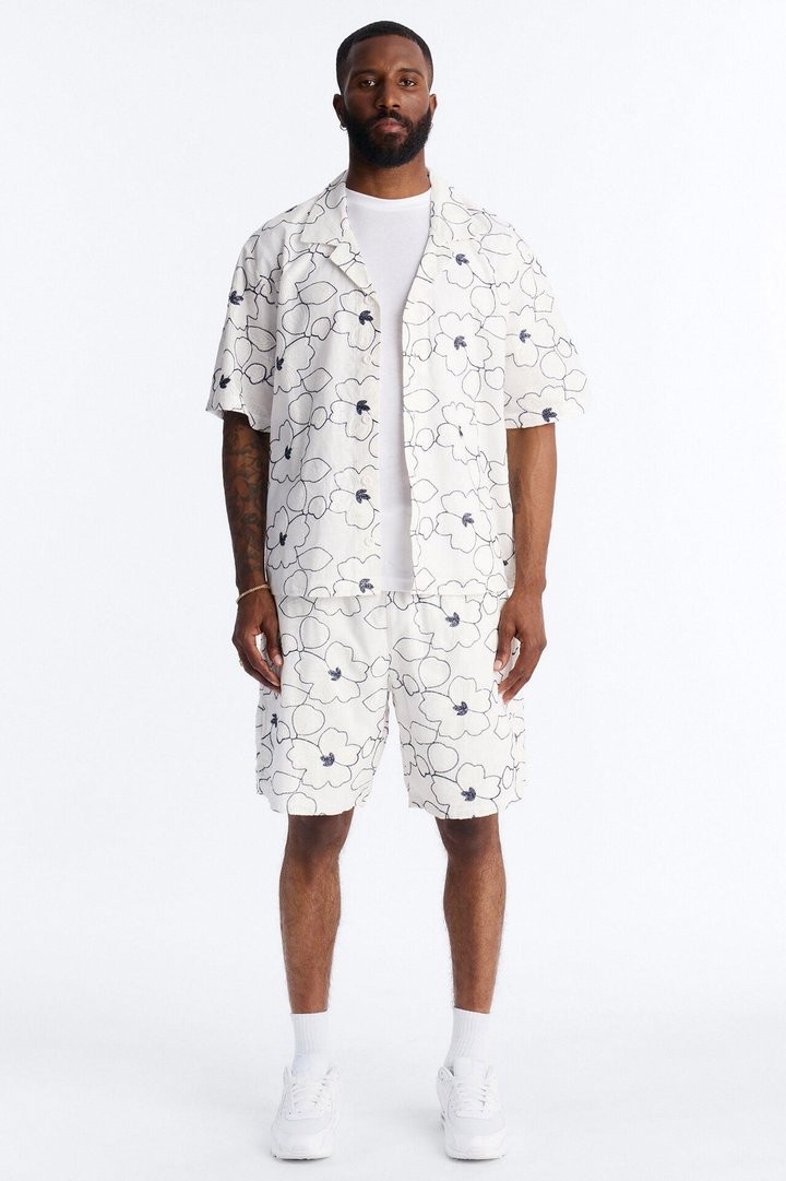 Relaxed Sand Blossom Cuban Collar Button Up Shirt - White/combo