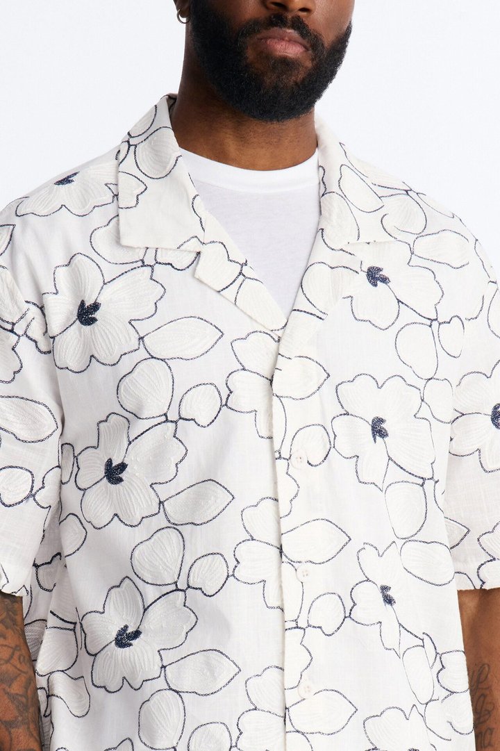 Relaxed Sand Blossom Cuban Collar Button Up Shirt - White/combo