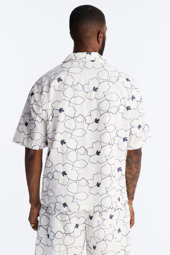 Relaxed Sand Blossom Cuban Collar Button Up Shirt - White/combo