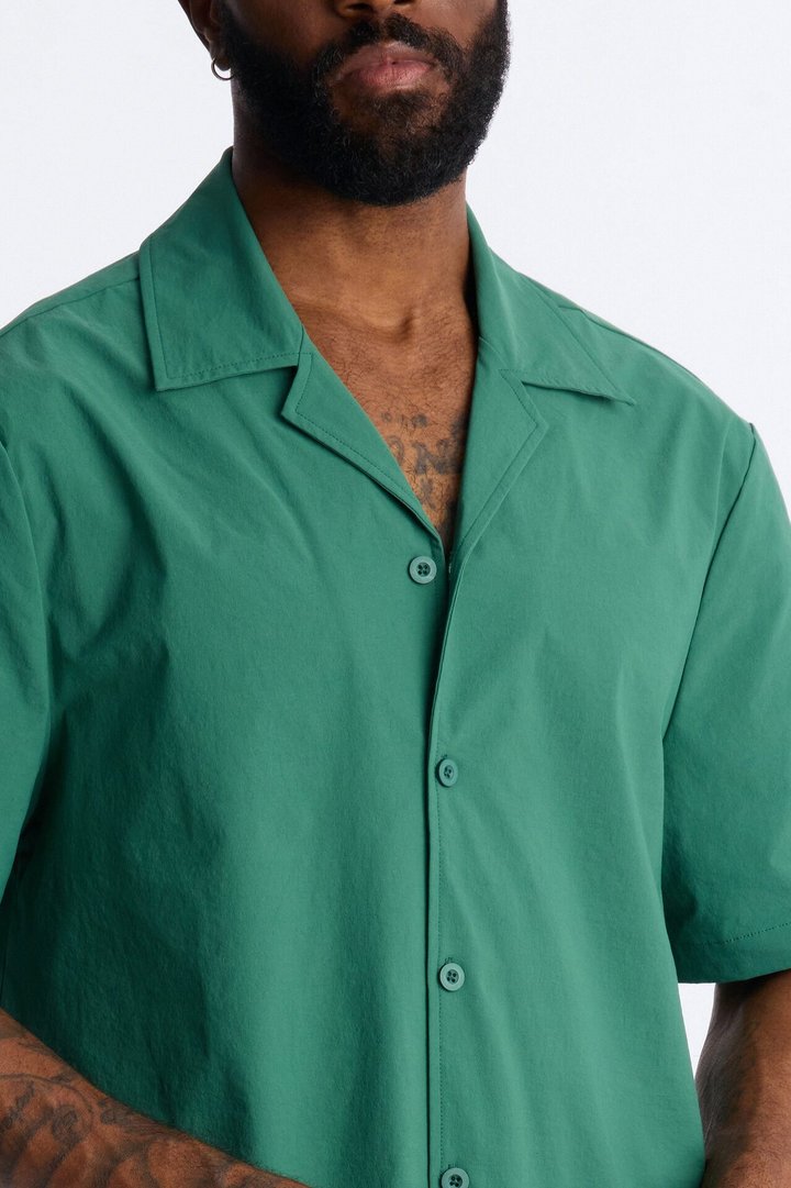 Montez Cuban Collar Button Up Shirt - Hunter Green