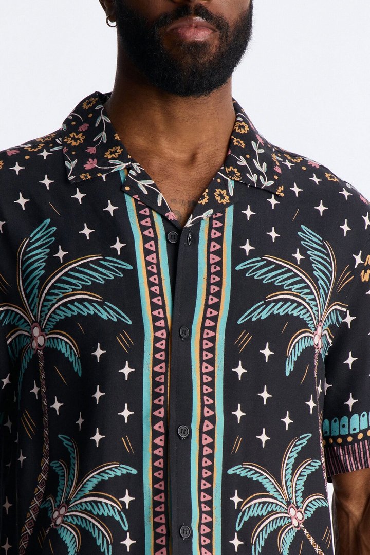 Tropical Twilight Resort Short Sleeve Cuban Collar Shirt - Black