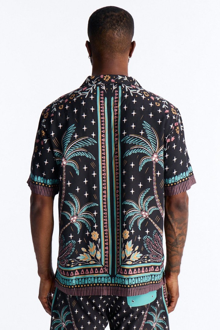 Tropical Twilight Resort Short Sleeve Cuban Collar Shirt - Black
