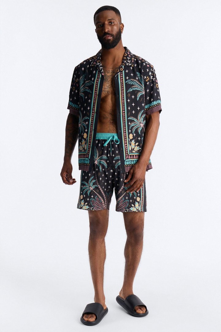 Tropical Twilight Resort Short Sleeve Cuban Collar Shirt - Black