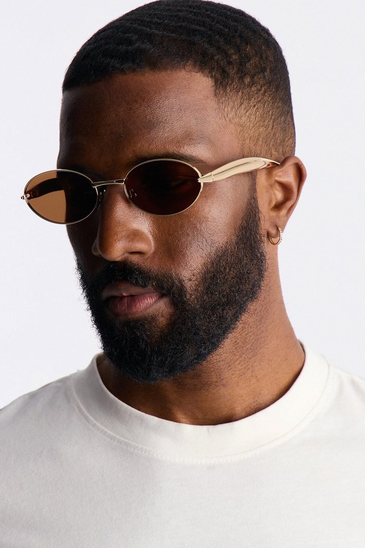 Vintage Oval Polished Metal Sunglasses - Gold/Brown