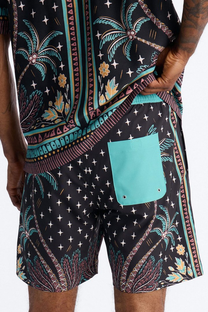 Tropical Twilight Resort Swim Trunk 7″ - Black