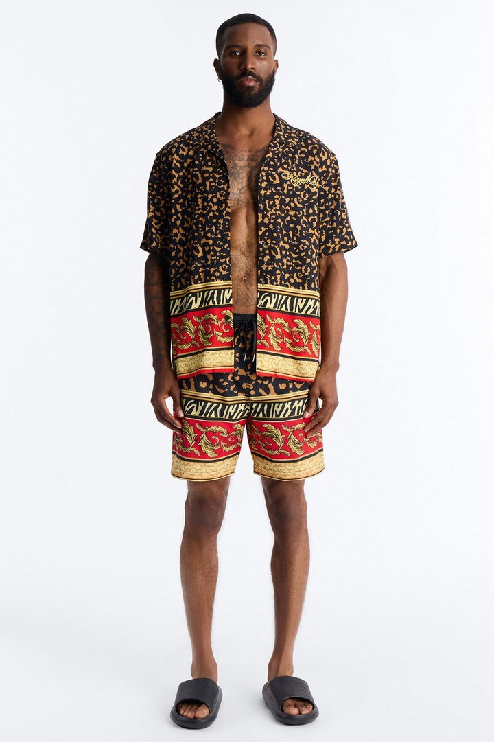 Animal Instincts Paneled Cuban Collar Short Sleeve Shirt - Leopard