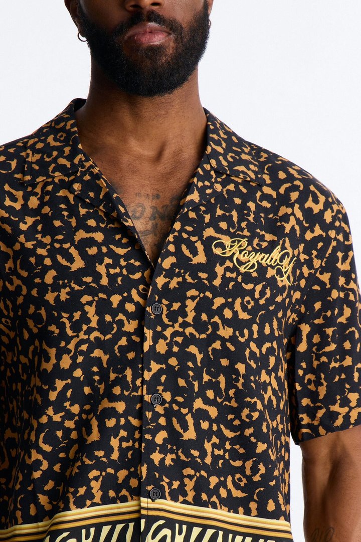 Animal Instincts Paneled Cuban Collar Short Sleeve Shirt - Leopard