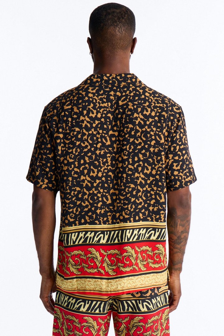 Animal Instincts Paneled Cuban Collar Short Sleeve Shirt - Leopard