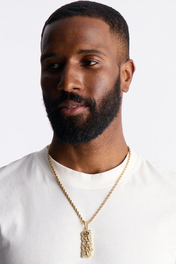 Saint Script Vertical Iced Pendant Necklace - Gold