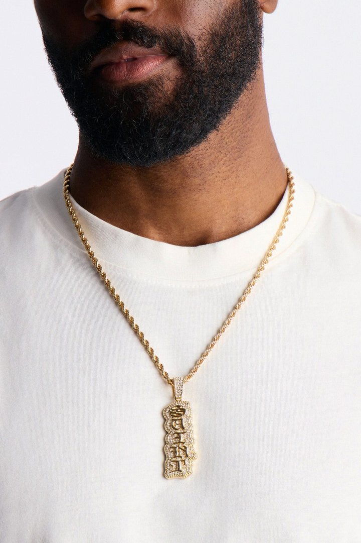 Saint Script Vertical Iced Pendant Necklace - Gold