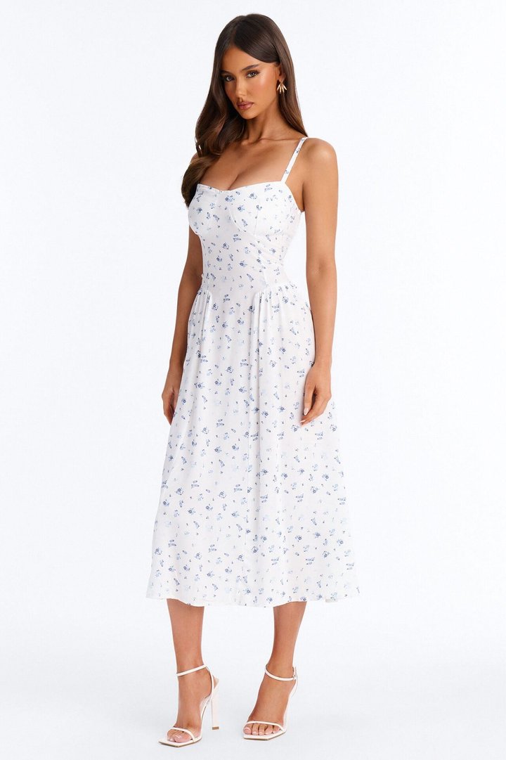 Anika Floral Midi Dress - White/Blue