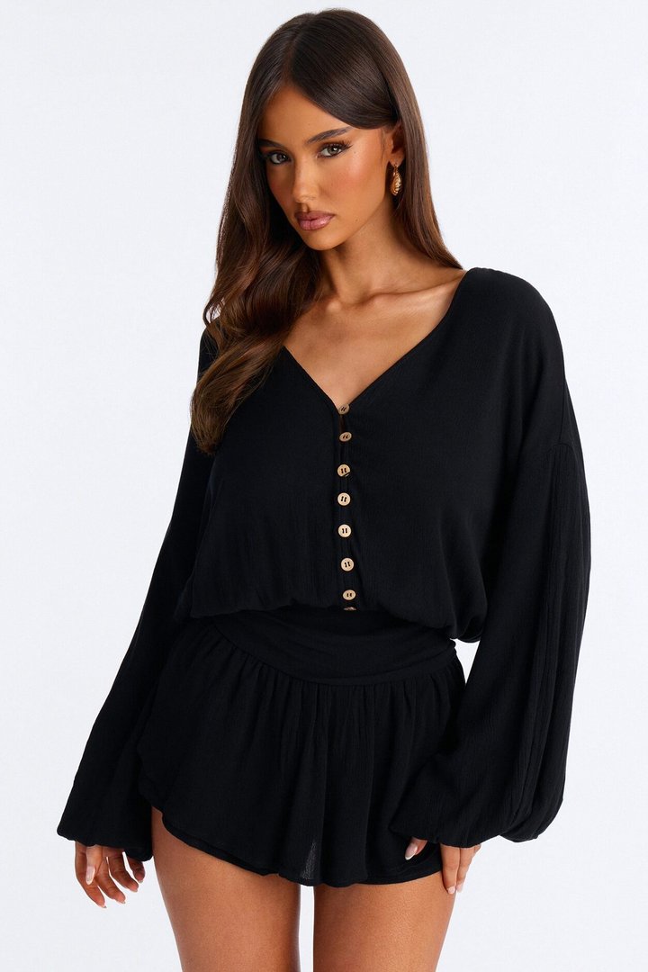 Layna Long Sleeve Flowy Romper - Black