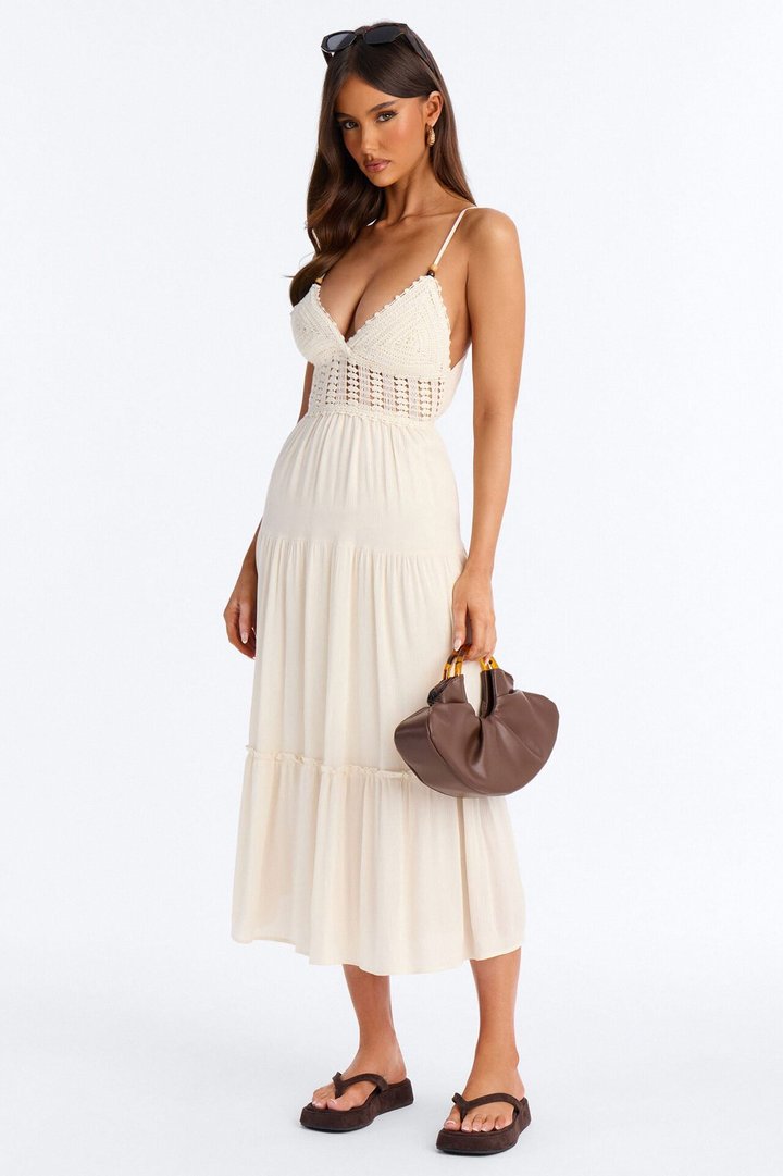 Bianca Crochet Midi Dress - Taupe