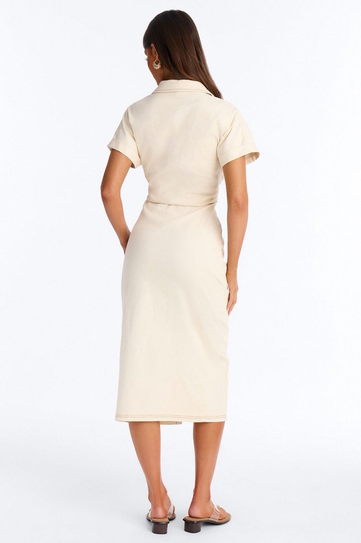 Hayley Denim Midi Dress - Cream