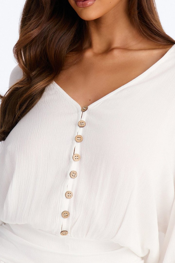 Layna Long Sleeve Flowy Romper - White