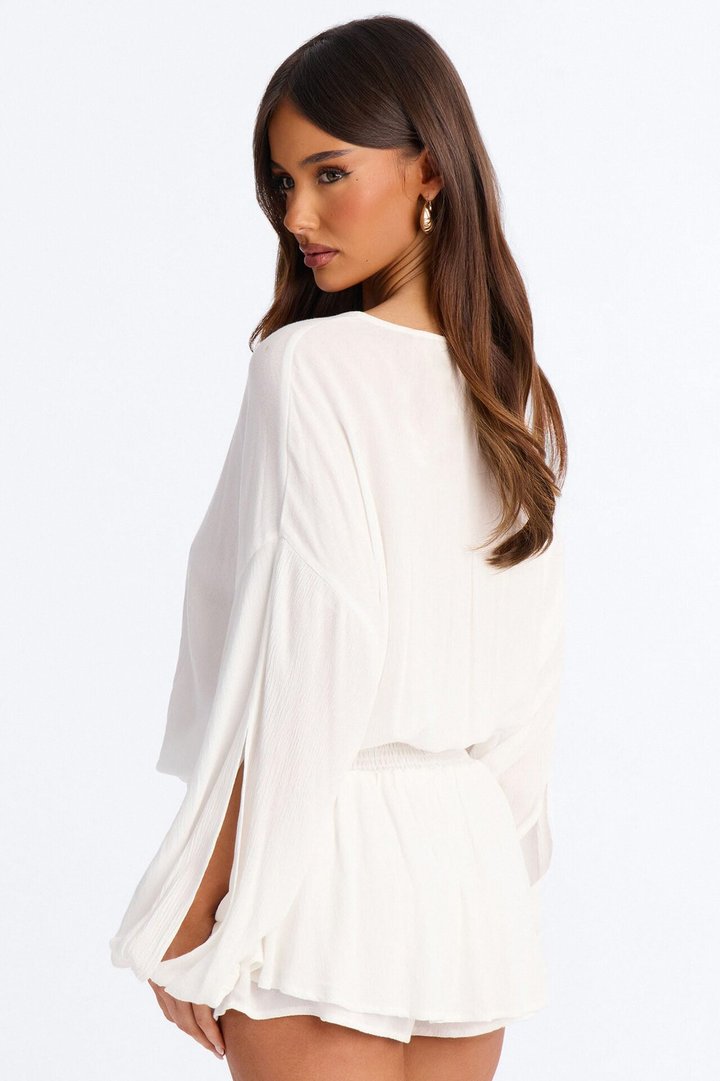 Layna Long Sleeve Flowy Romper - White