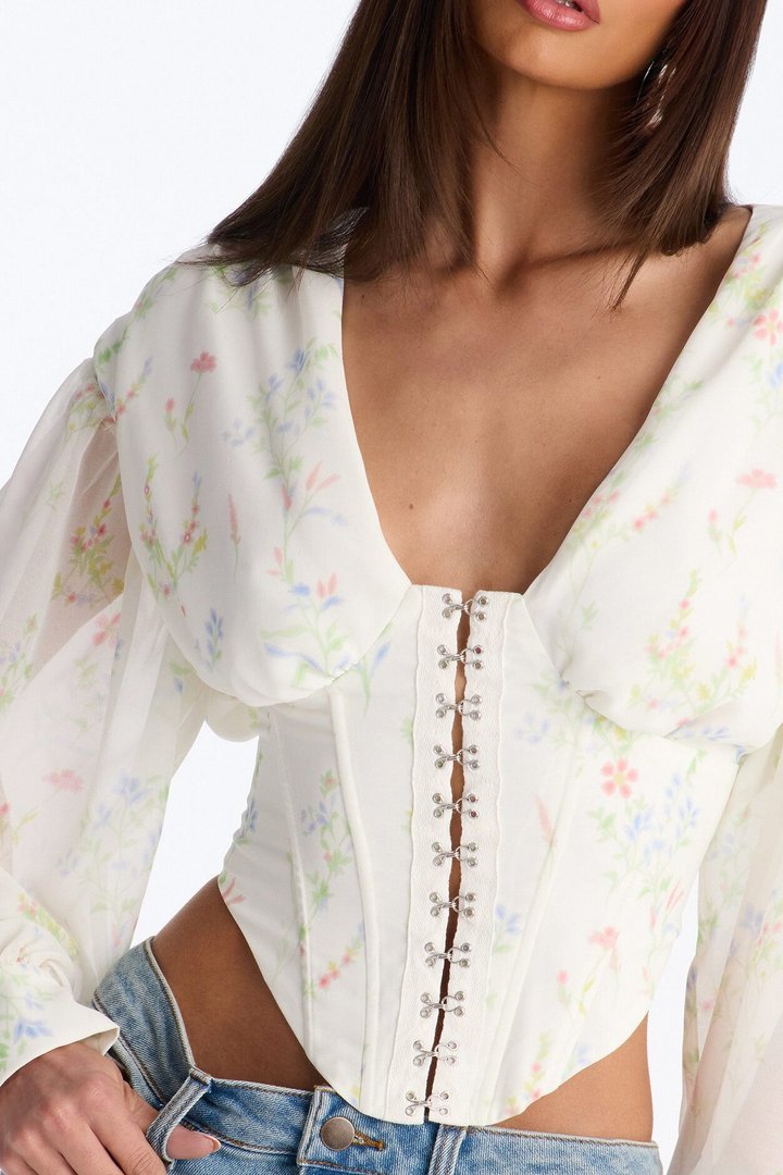 Darling Days Ruched Floral Chiffon Corset - Sage/combo