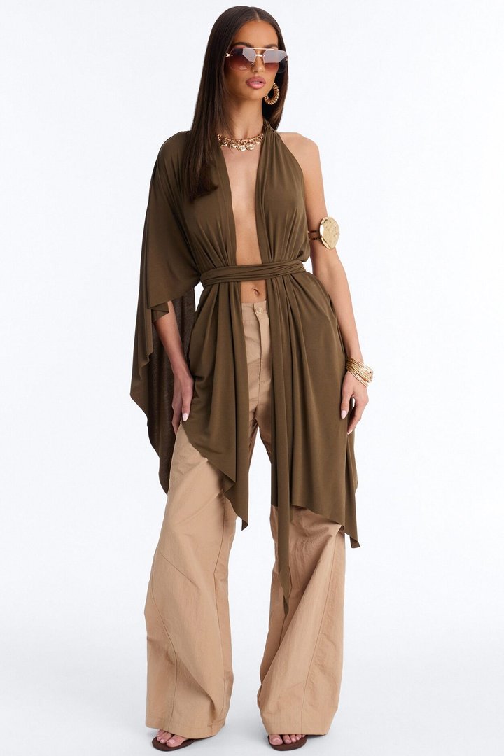 Bare In Bali Deep V-Neck Draped Short Sleeve Long Top - Olive