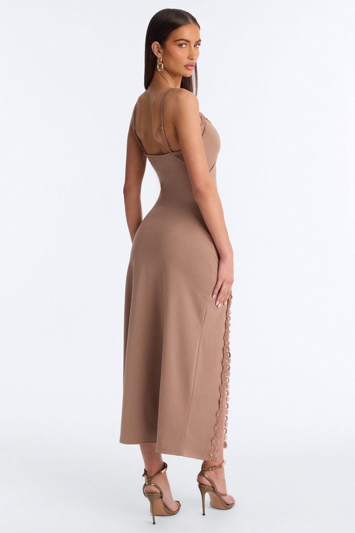 Mariana Lace Trim Midi Dress - Mocha