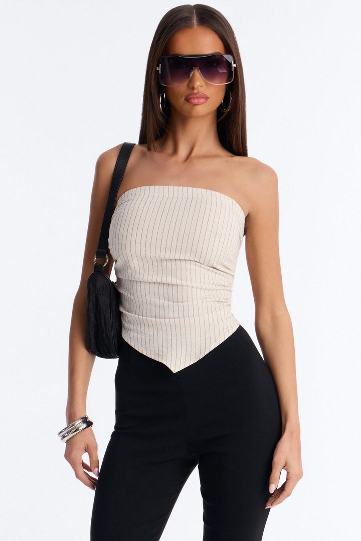 Feeling Fine Pinstripe Linen Top - Oatmeal/combo