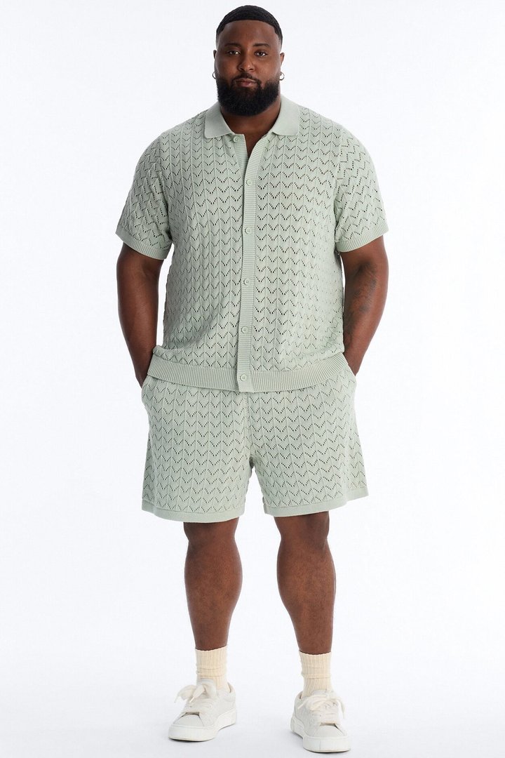 Waterfall Texture Open Knit Shorts - Sage
