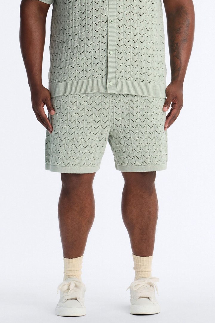 Waterfall Texture Open Knit Shorts - Sage