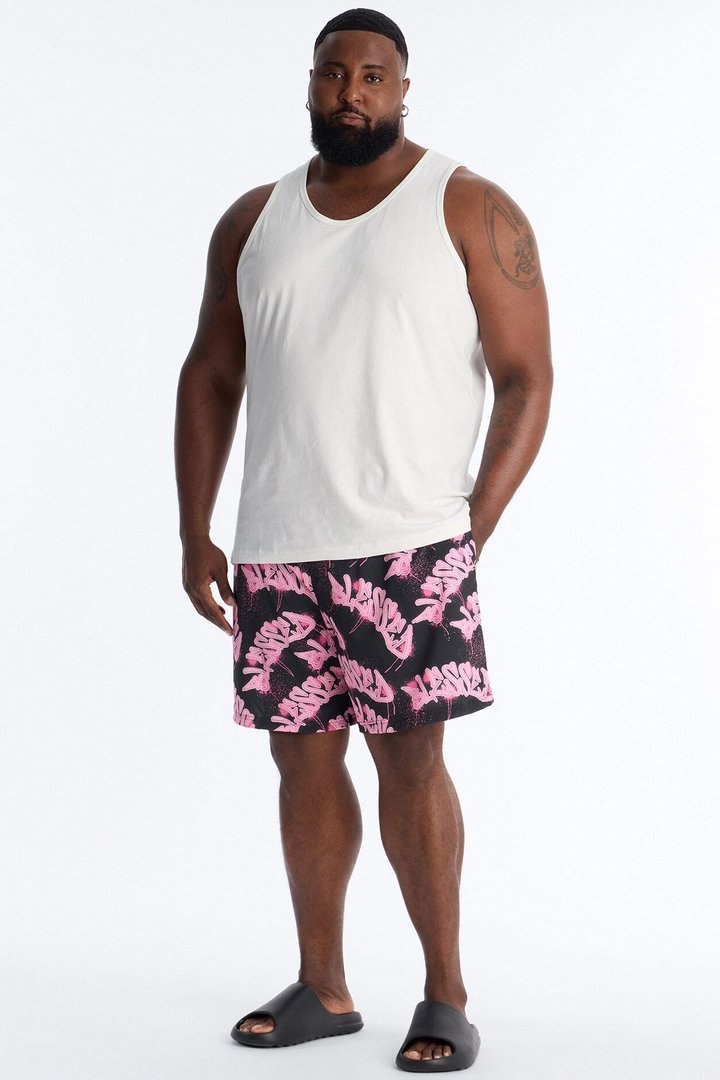 Blessed Street Graffiti Printed Swim Trunk 7″ - Black/Pink