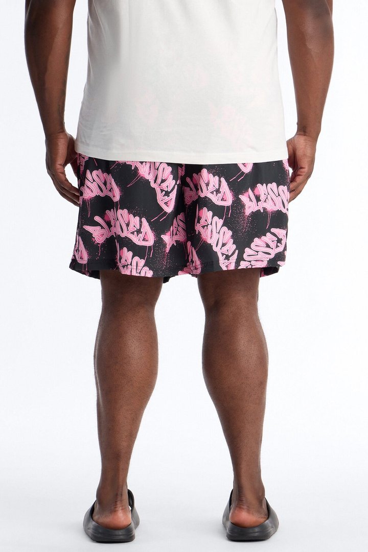 Blessed Street Graffiti Printed Swim Trunk 7″ - Black/Pink