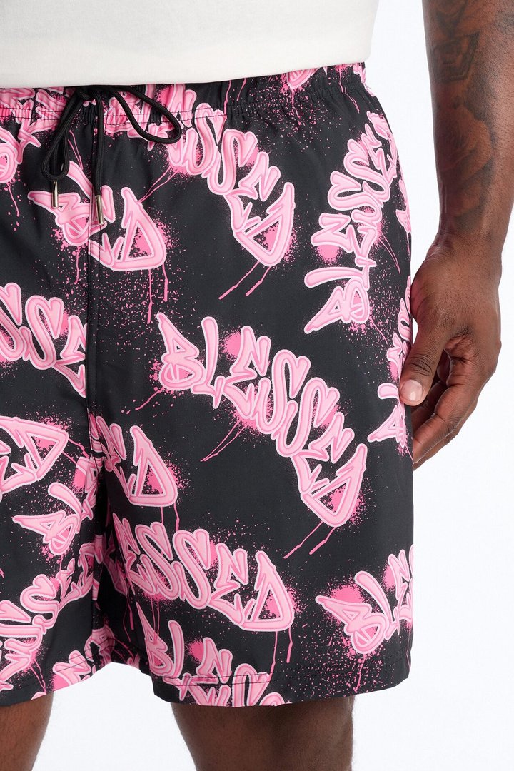 Blessed Street Graffiti Printed Swim Trunk 7″ - Black/Pink