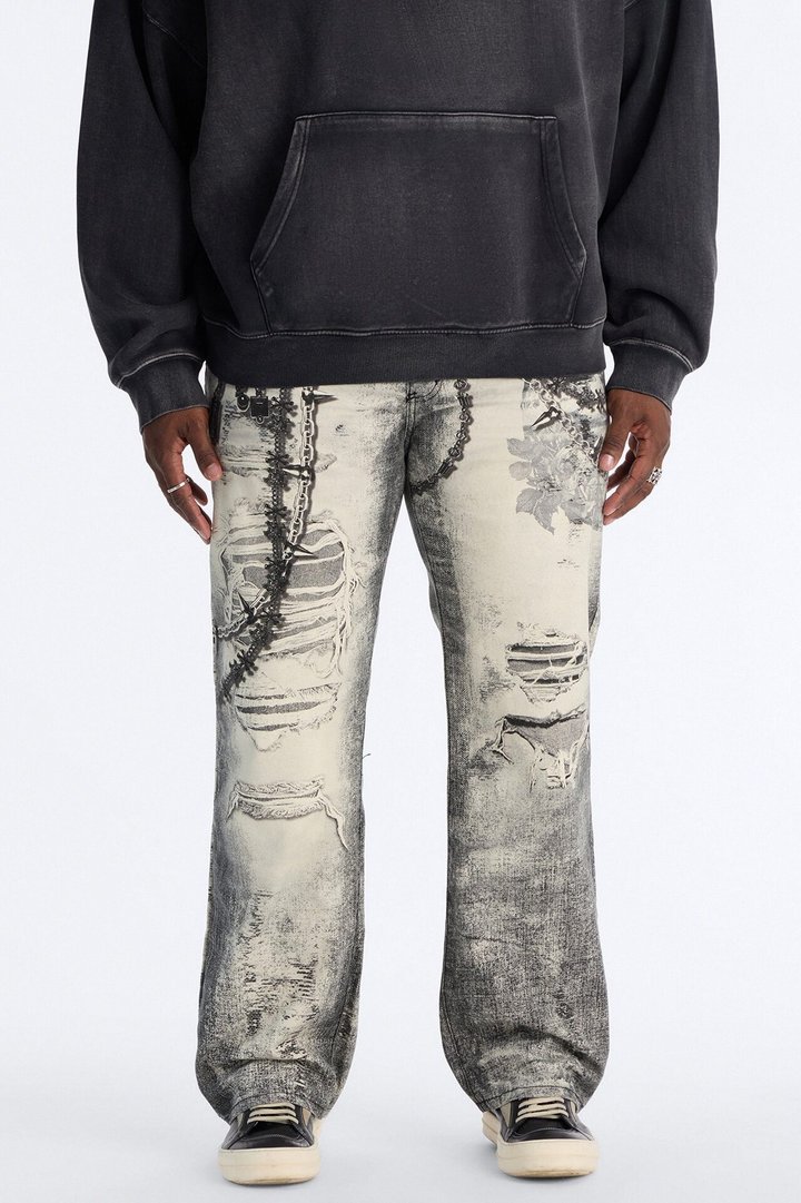 Smoke N Chains Printed Baggy Jean - Acid Wash Black