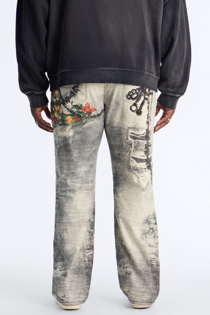 Smoke N Chains Printed Baggy Jean - Acid Wash Black