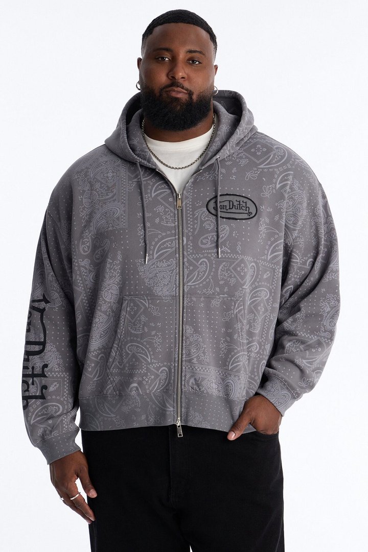 Von Dutch Chain Stitched Zip Up Hoodie - Charcoal