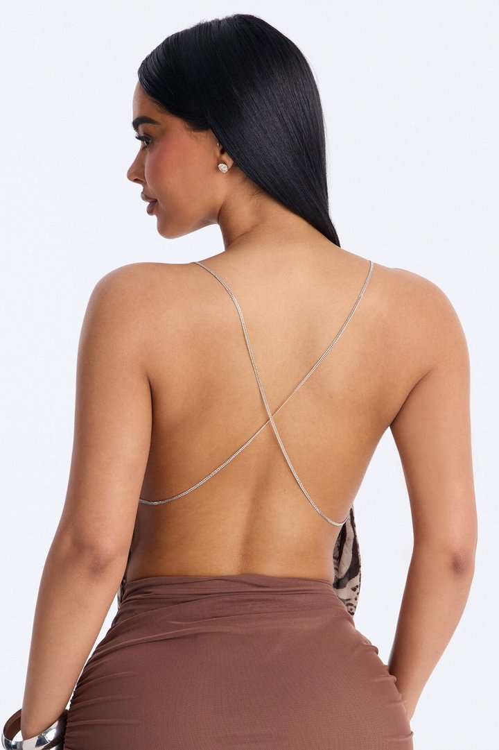 Wild Vibes Leopard Chain Strap Satin Halter Top - Brown/combo