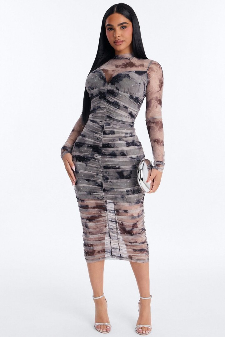 Hollie Rhinestone Mesh Midi Dress - Grey