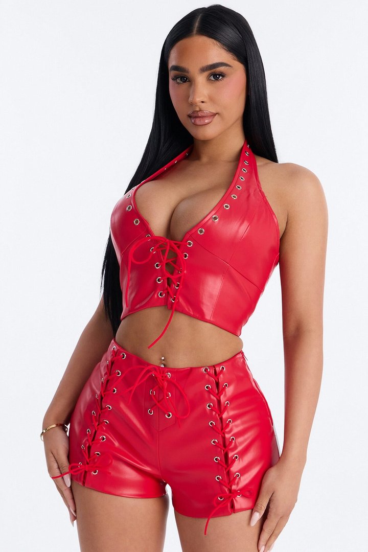 Another Level Halter Faux Leather Short Set - Red